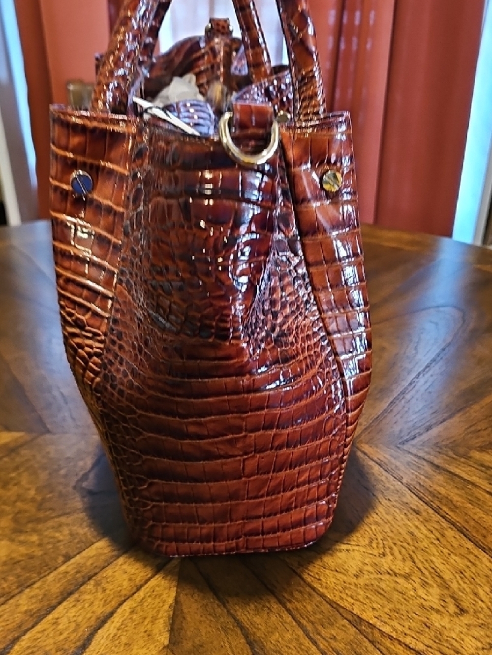 Brahmin Cognac Croc-Embossed Leather Handbag With Shoulder Strap - Picture 5 of 9